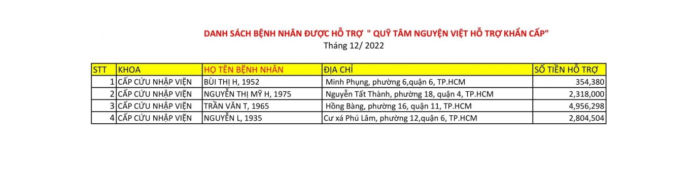 Quỹ Tâm nguyện Việt hỗ trợ khẩn cấp bệnh nhân tháng 12/2022