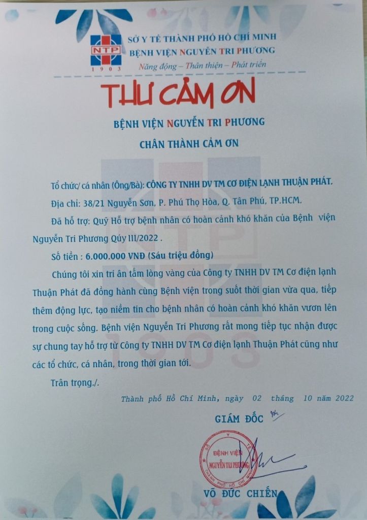 Thư cám ơn Công ty TNHH DV TM Cơ điện lạnh Thuận Phát