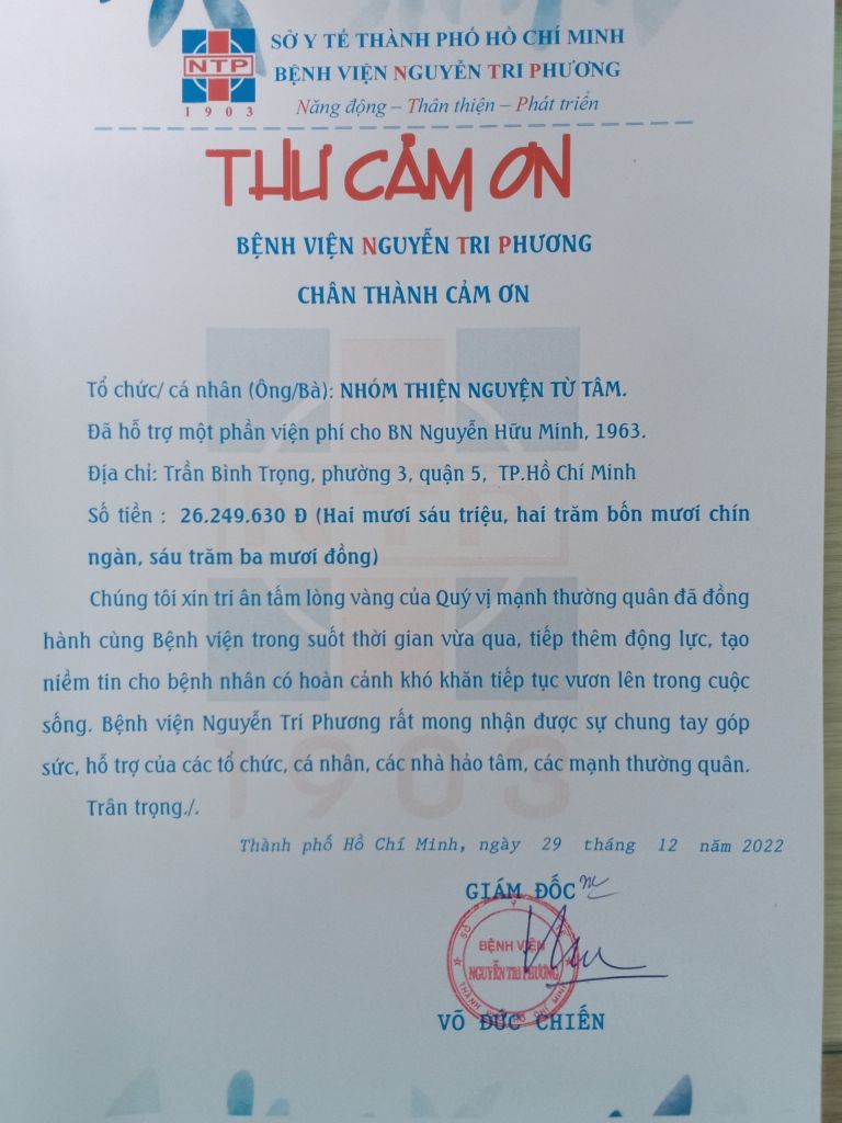 Thư cám ơn nhóm Thiện nguyện Từ Tâm tháng 12/2022