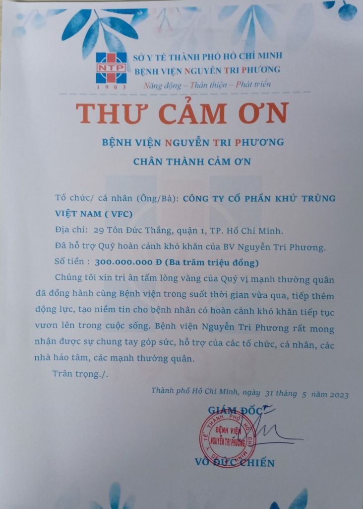 Thư cám ơn Công ty Cổ phần Khử trùng Việt Nam (VFC)