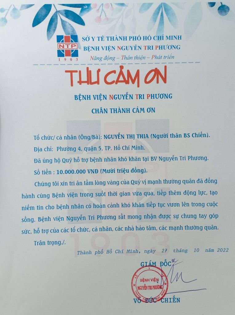 Thư cám ơn Ông/ Bà Nguyễn Thị Thia (Tháng 10/2022)