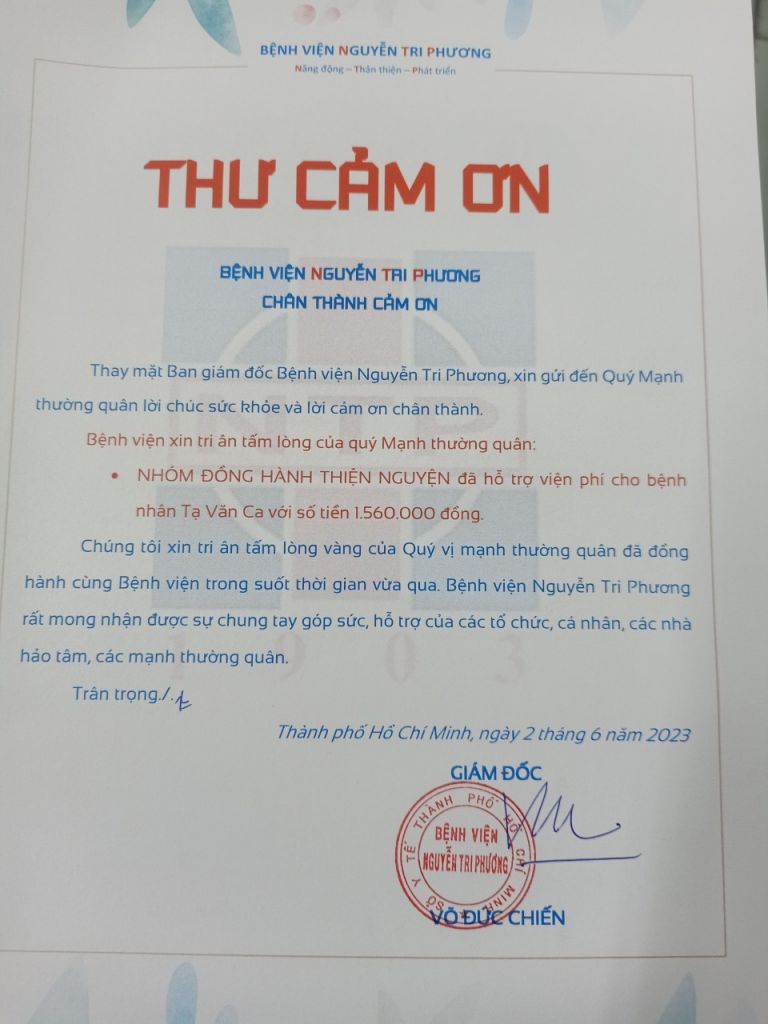 Thư cảm ơn nhóm Đồng Hành Thiện Nguyện (tháng 06/2023)