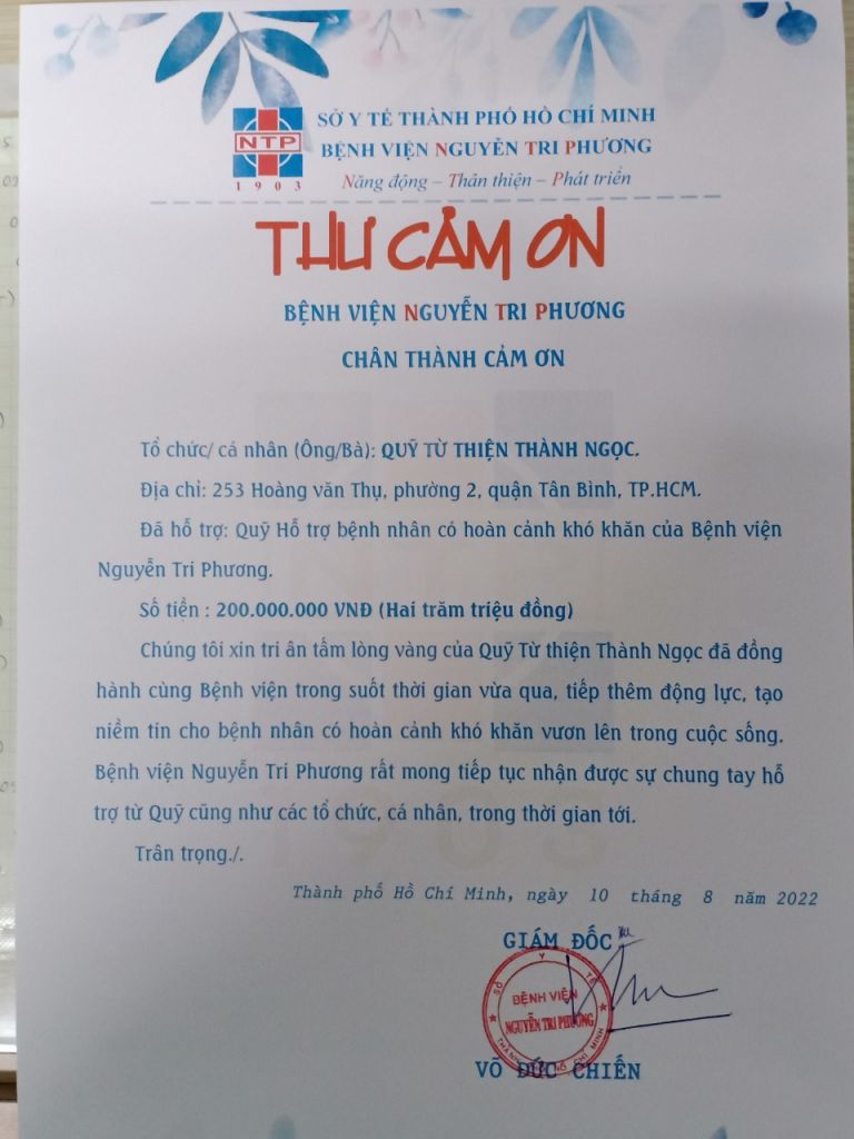 Thư cám ơn Quỹ từ thiện Thành Ngọc